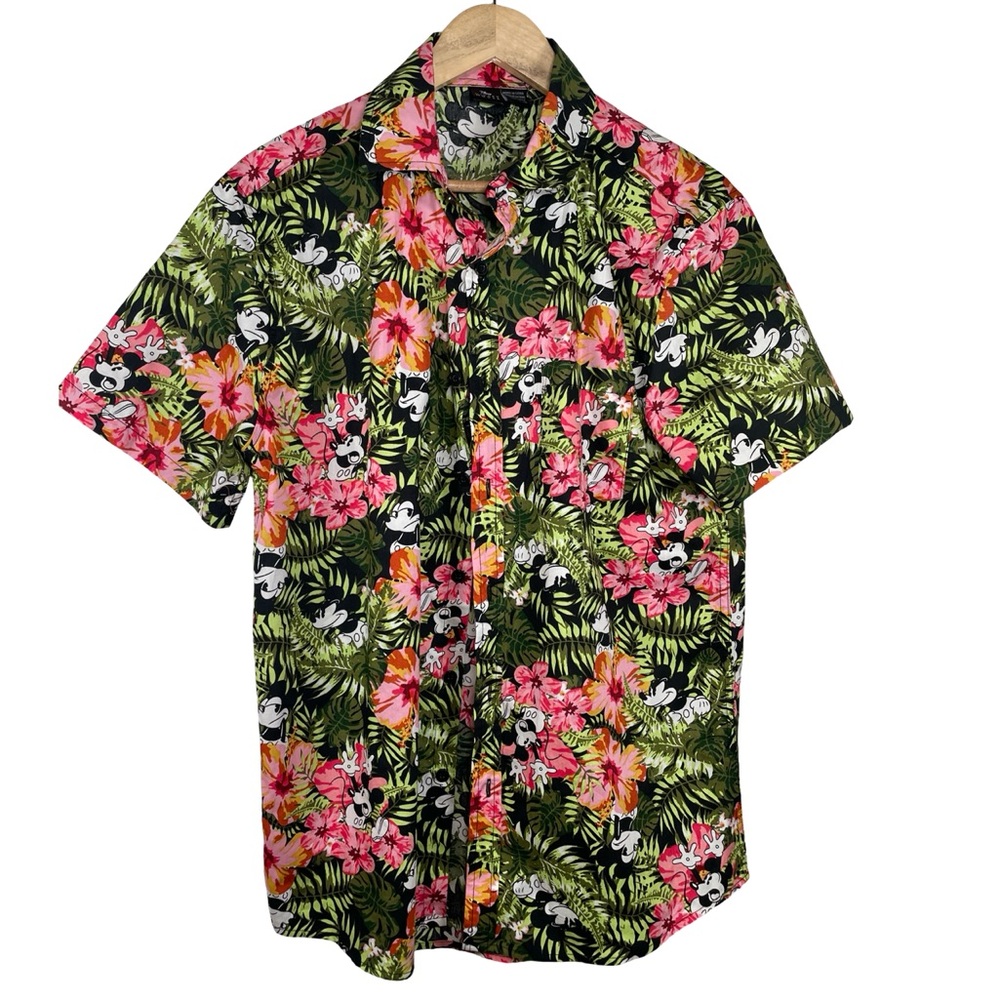 Disney Green/Pink Casual Button Mickey Mouse Shirt Vibrant Floral  medium 057